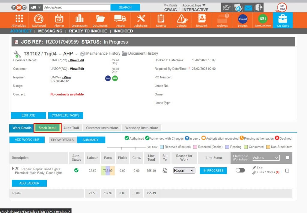 Step 7 – The status of the parts can be seen in the graded view on the jobsheet face or expanded by selecting the Stock Detail tab.