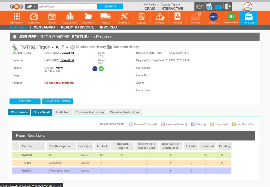 Step 8 – The Stock Detail tab displays the status’ and whether they have been ordered or are now in stock.