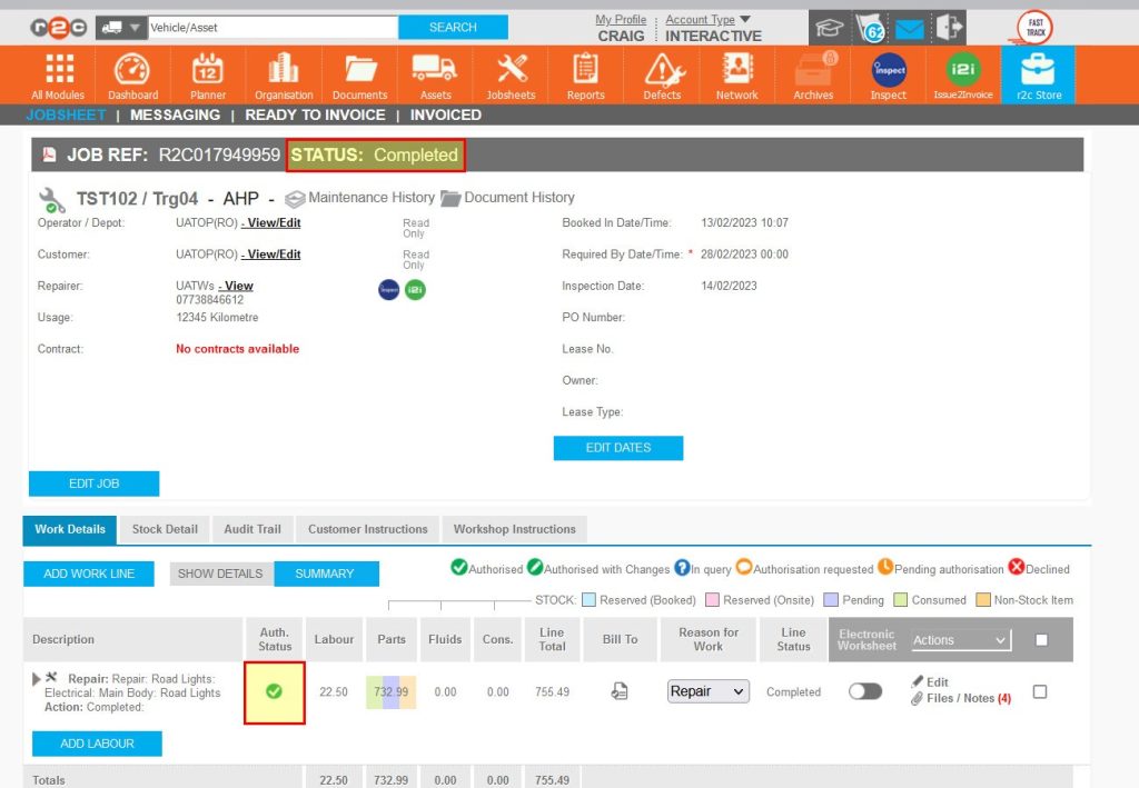 Step 9 – Where a jobsheet is Complete and Authorised, a pending part will prevent the Invoice button from displaying. To rectify this the part must have the order completed and then consumed to the jobsheet by the Parts Manager.