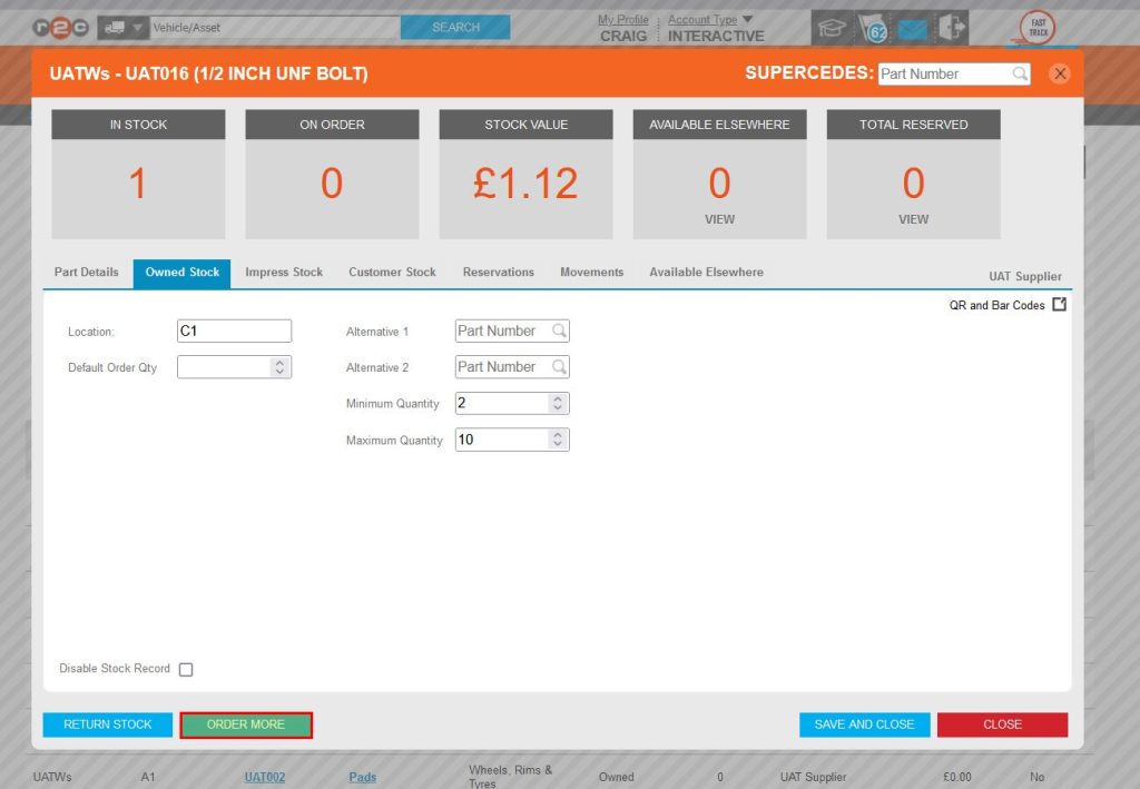 Step 3 – On the part record, Owned in the example, Click ORDER MORE.