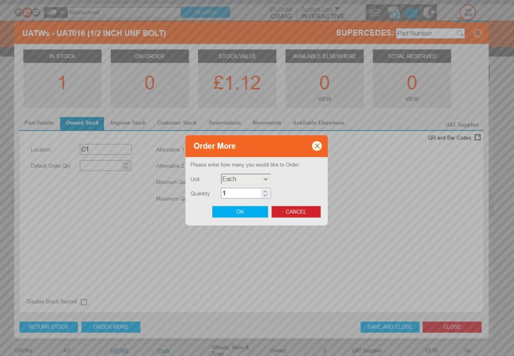 Step 4 – Now the quantity required can be set before clicking OK to create the PO in the orders page.