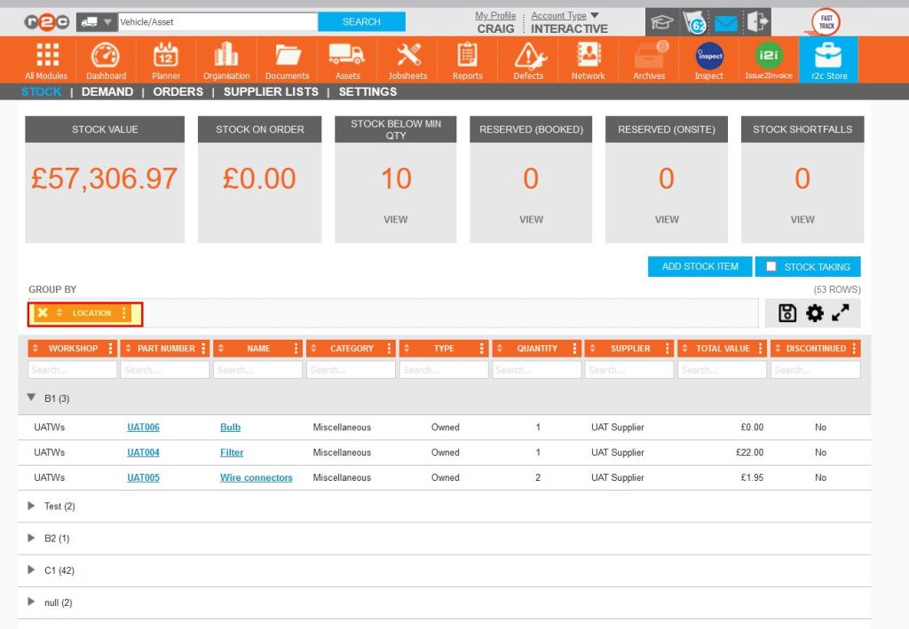 Step 1 – Stock taking can be carried out as per the original list or filtered/grouped with the use of table components. In this example the list has been grouped by location.