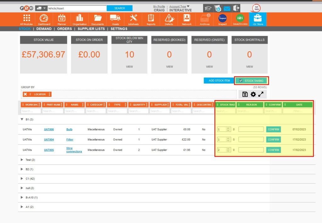 Step 2 – In order to turn this page into a stock taking page, Click the STOCK TAKING button to produce the three additional columns.