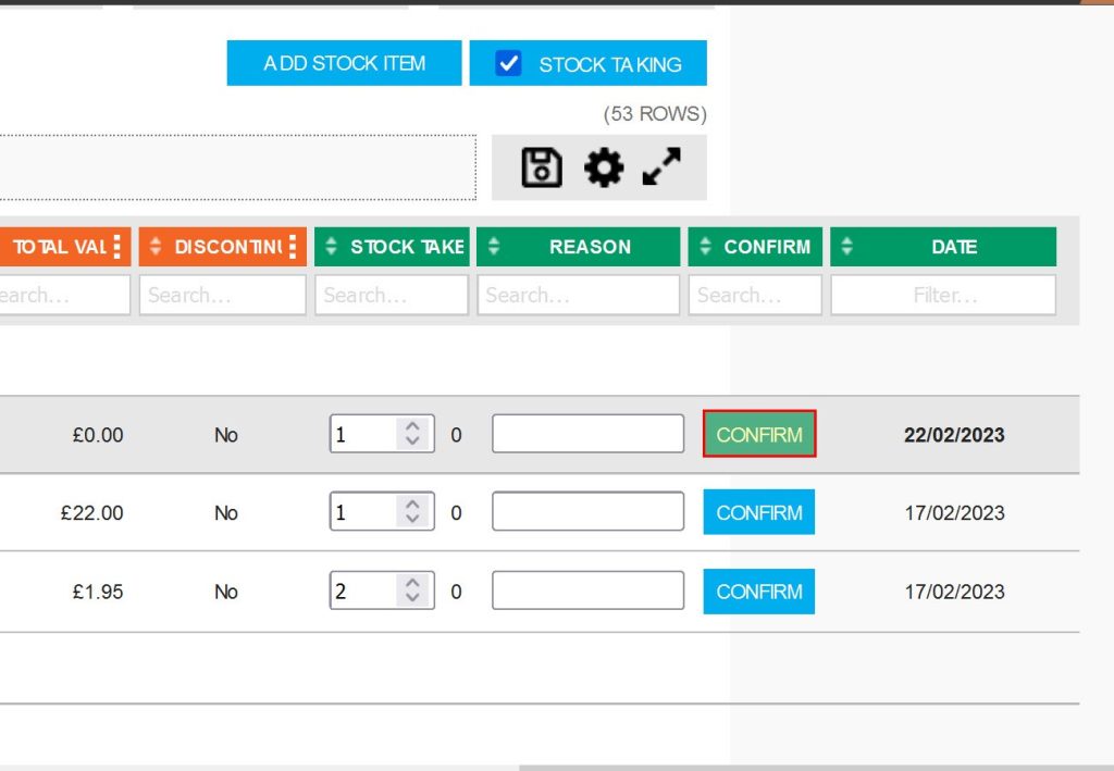 Step 3 – If the amount expected is the same as the amount found, then the row can simply be confirmed. This action will date stamp the part with today’s date, in this example 22/02/2023.