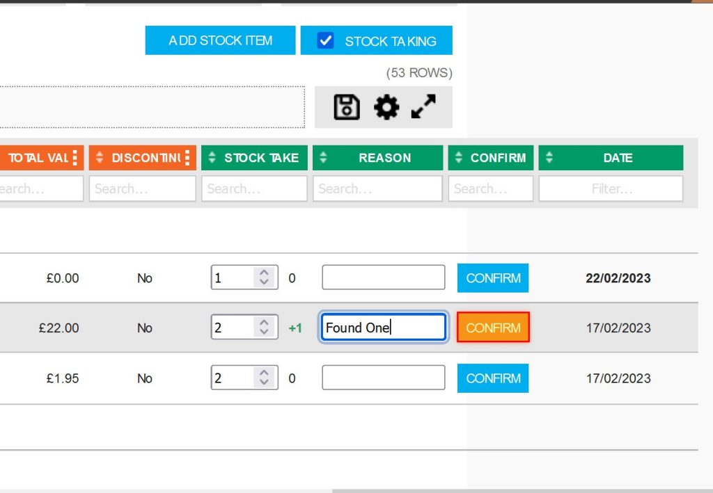 Step 4 – Where more are found than expected then the STOCK TAKE quantity should be increased, in this example, by +1 as indicated next to the quantity field.