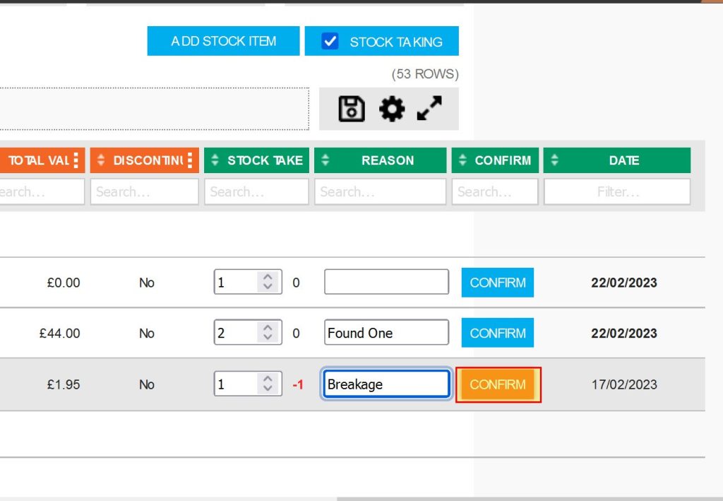 Step 5 - Where less than expected are found, the STOCK TAKE quantity should be decreased, in this example, by -1 as indicated next to the quantity field.