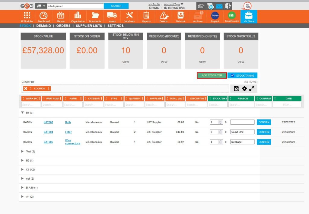 Step 6 – r2c provides the additional functionality of being able to add parts to Stock without having to navigate to the supplier first. This helps where parts are required to be added during a stock take. Click ADD STOCK ITEM.