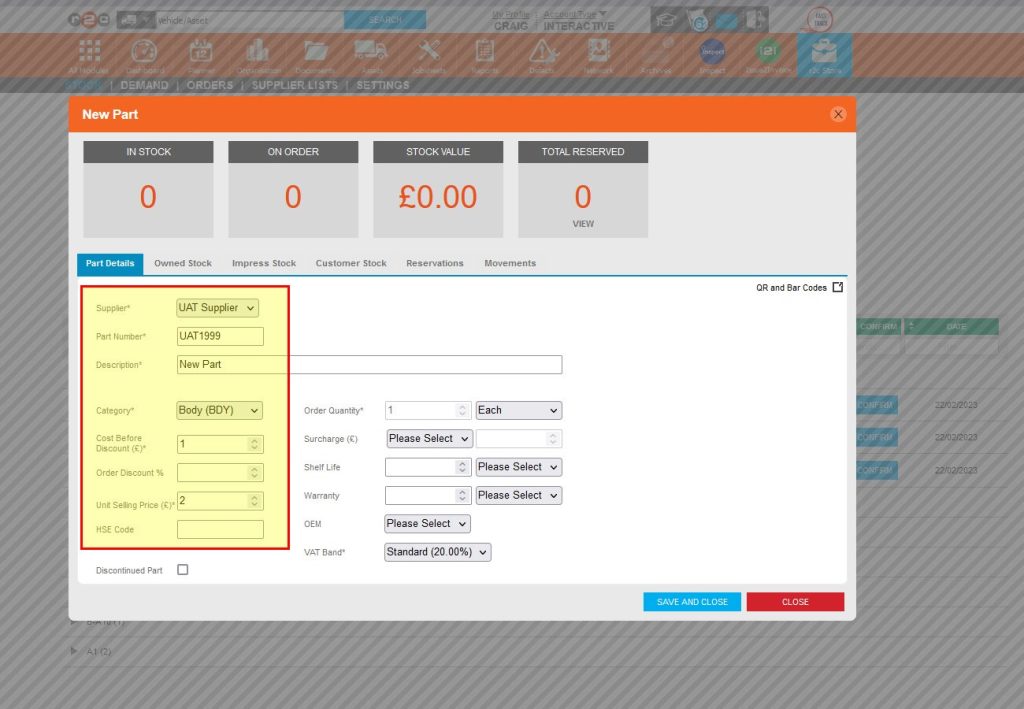 Step 8 – The part can now be created in the same way as adding the part via the jobsheet or the supplier lists page.