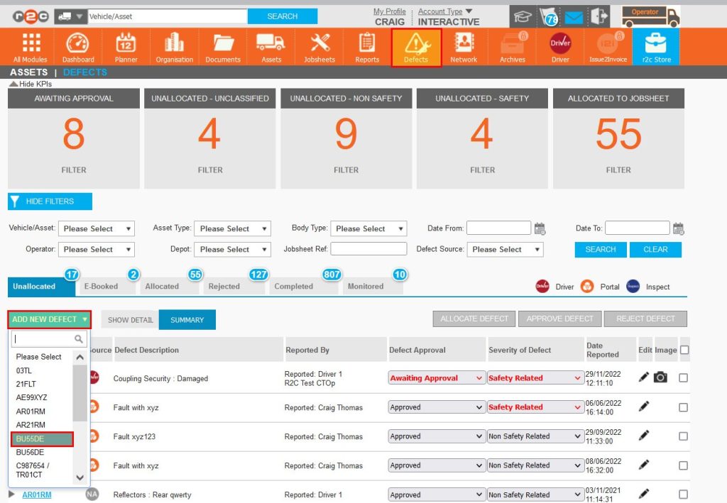 Step 1 – To add a new defect to r2c, first select the DEFECT page followed by ADD NEW DEFECT. From here an asset can be selected or searched for.