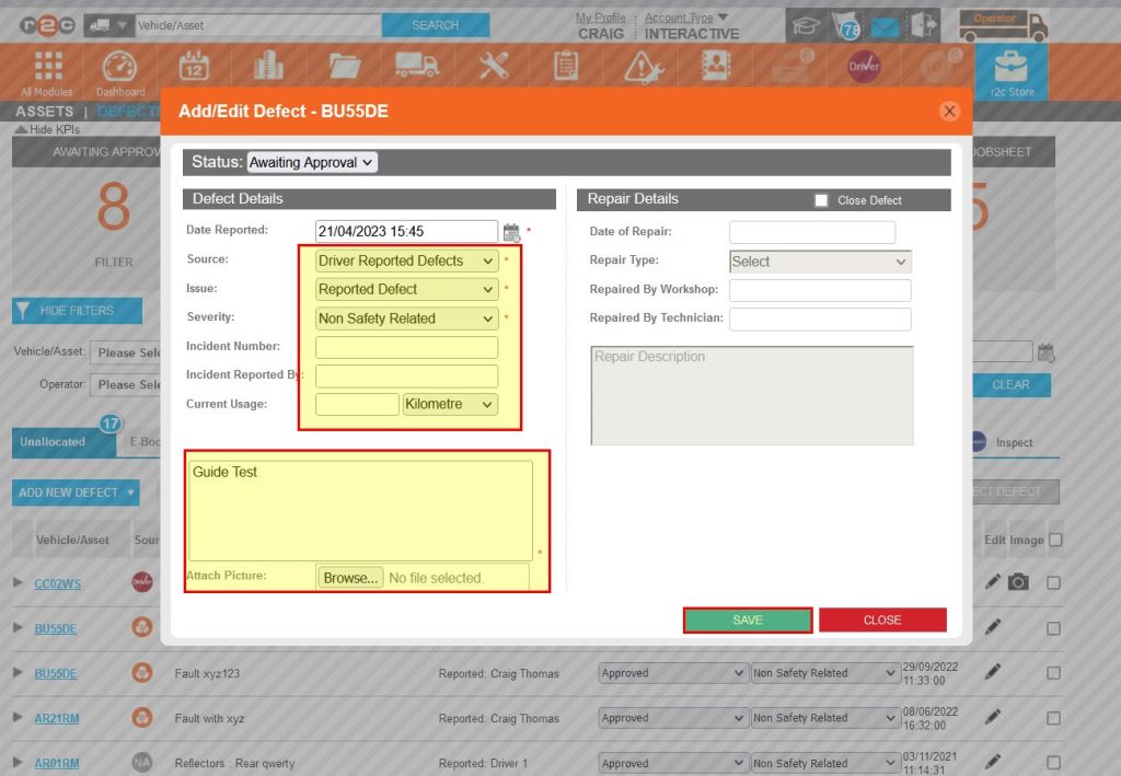 Step 2 – The existing defect can then be added to the left hand side of the defect report with a mix of mandatory and optional fields.