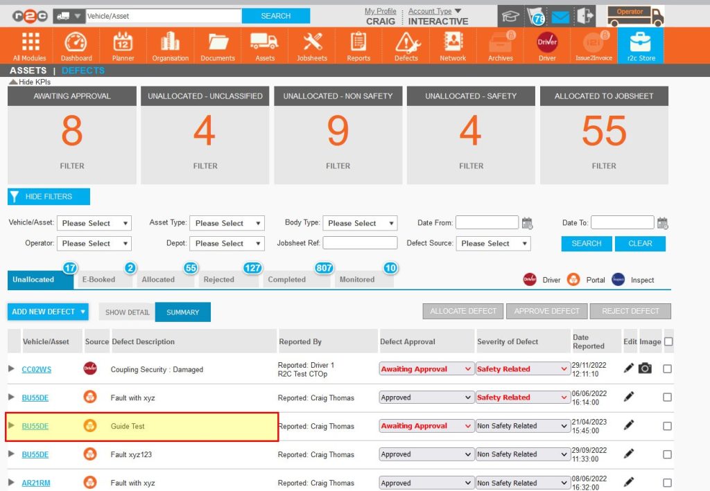Step 3 – The new defect will then appear in the Unallocated list of defects waiting to be assigned to a workshop/jobsheet.