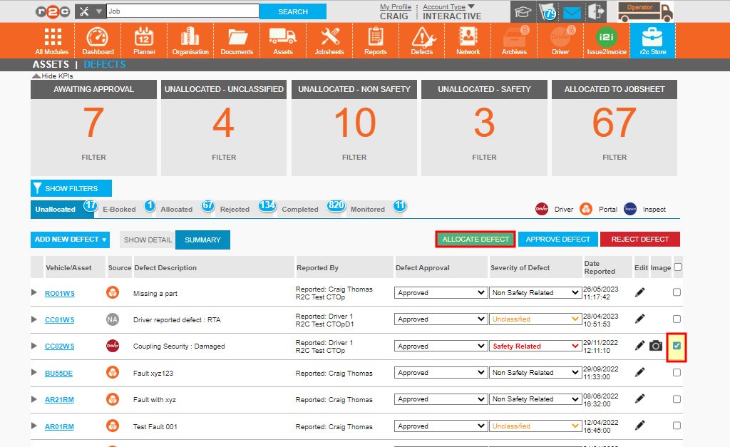 Step 1 – To allocate a defect to a new booking, select the individual defect using the check box and then click ALLOCATE DEFECT