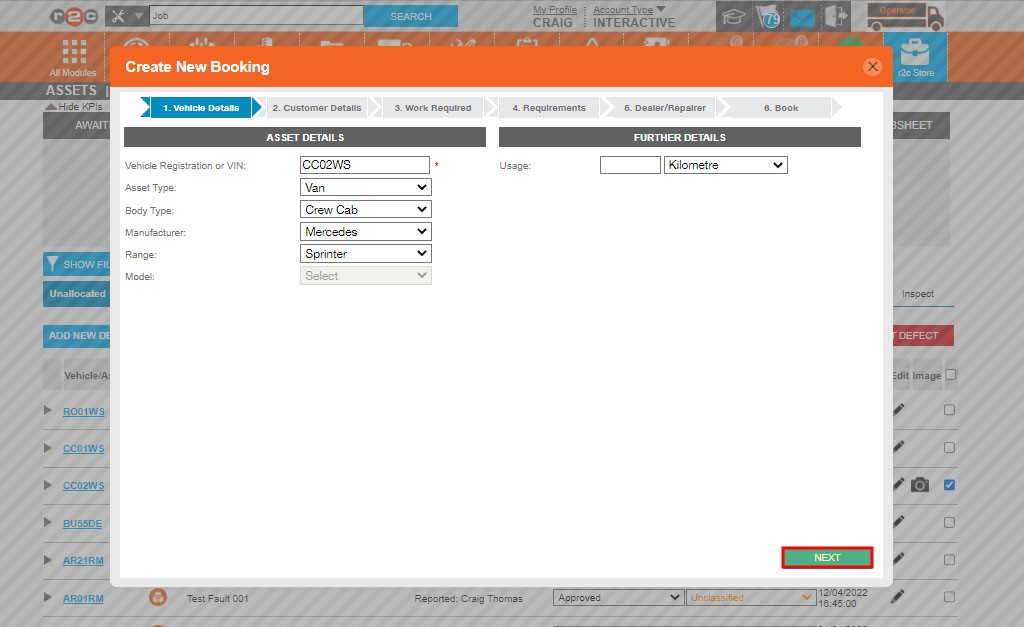 Step 3 – This will open the Booking Request wizard; the first step is to confirm the asset details. Click Next to move on to the next part of the booking.
