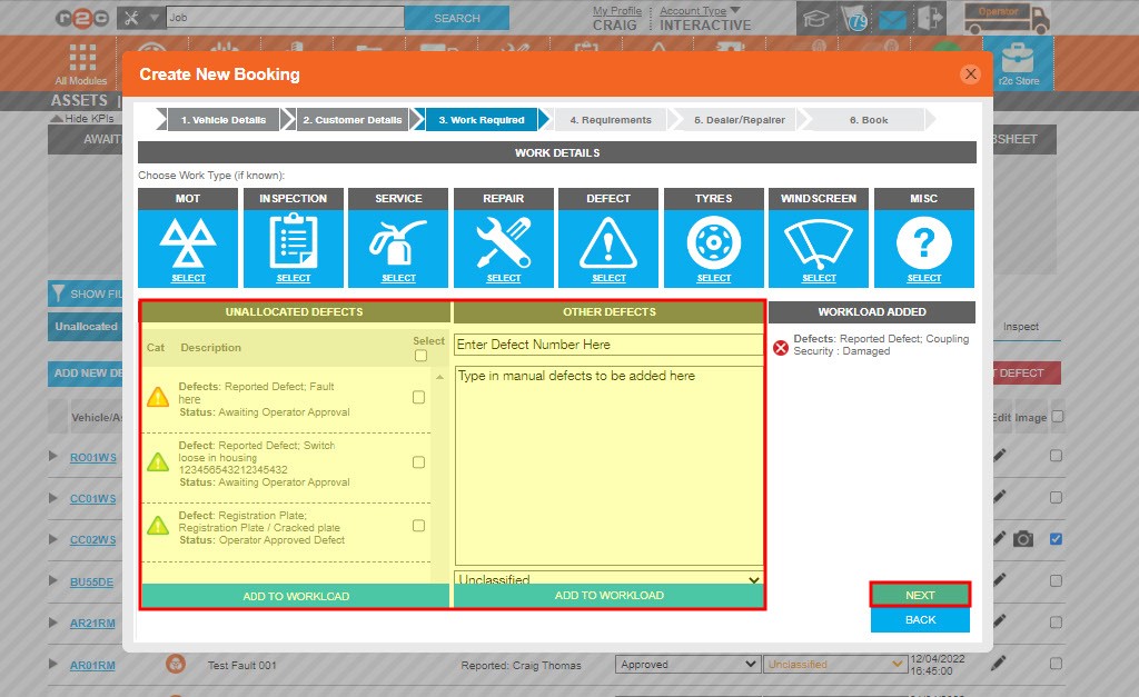 Step 5 – Next, you will see the defect allocated as well as the option to add further work. This can be typed in to add a new defect or you can choose from any other defects available for this asset.