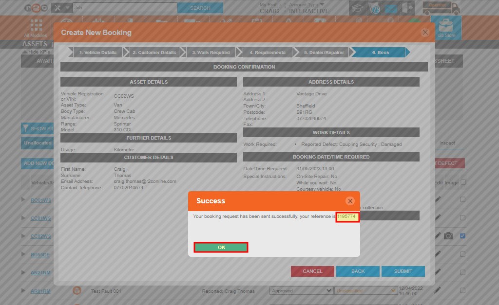 Step 9 – The pop up message confirms the message has been sent and provides a booking request number. Click OK to complete the process.
