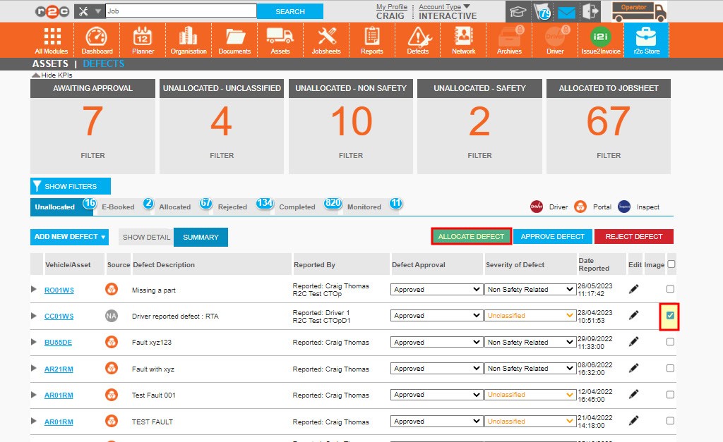 Step 1 – To allocate the defect to an existing job, select the defect and then click ALLOCATE