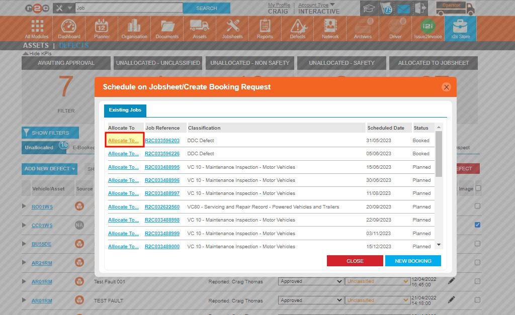 Step 2 – Next choose ‘Allocate to’ beside the relevant job number. This will add the defect as a task to the existing upcoming job.