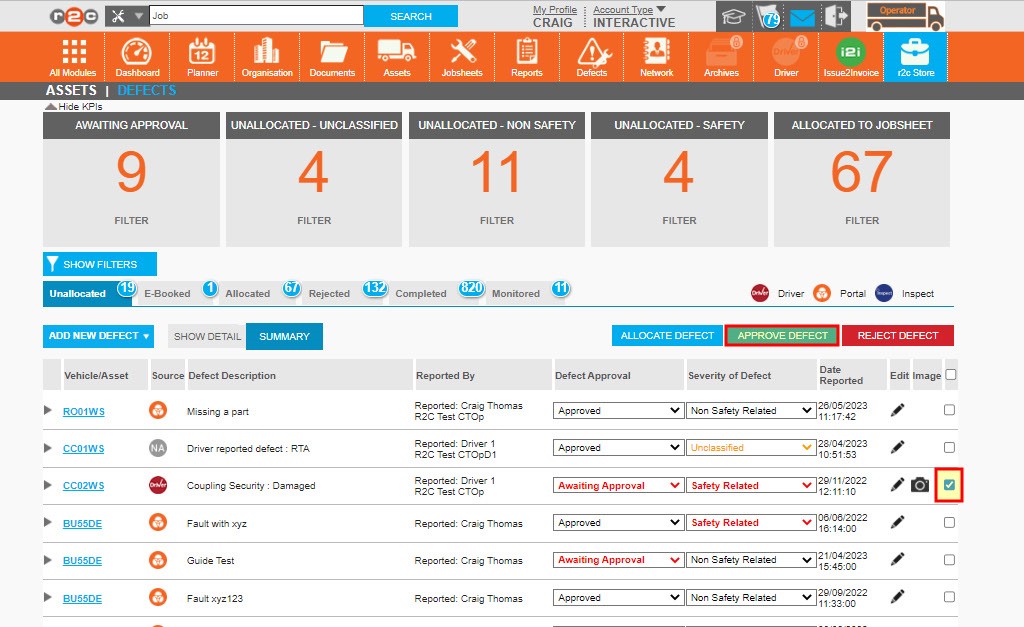 Step 3 – To reject a defect select the individual defects using the check box and then click REJECT DEFECT