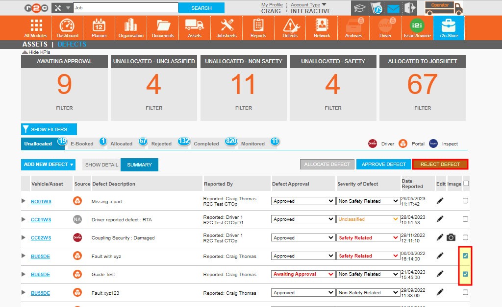 Step 2 – To approve multiple defects, select the individual defects using the check box and then click APPROVE DEFECT