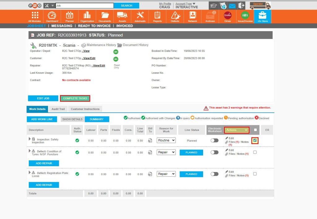 Step 6 -There are two options to complete a job, the COMPLETE job option marks all task as complete. Or the individual check button can be used to mark a specific task as completed using the Actions menu.