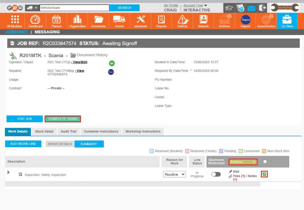Step 6 - There are two options to complete a job, the COMPLETE job option marks the whole job as complete. Or the individual check button can be used to mark a specific task as completed using the Actions menu.