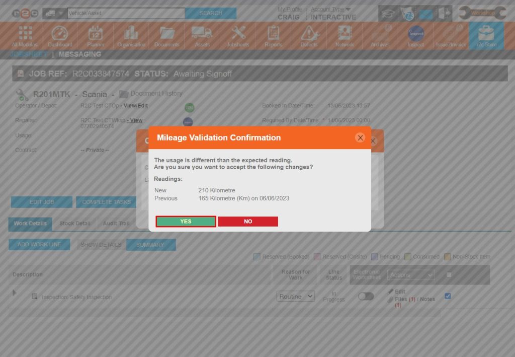 Step 9 - Confirm the mileage that has been entered and then click Yes.