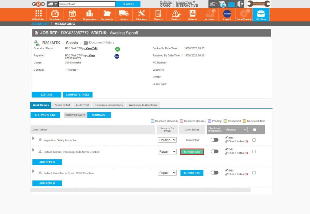 Step 1 – Defect lines can also be completed individually to provide additional information, to do this click on the blue line status button. Note: If the overall complete tasks button was used instead, the defects would show as complete but not contain any additional details.