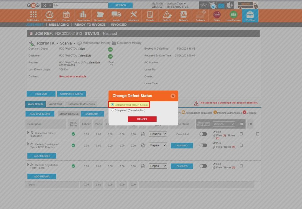 Step 2 - Next, choose the type of action, in this example the defect has not yet been rectified so an open action of deferred work has been selected.