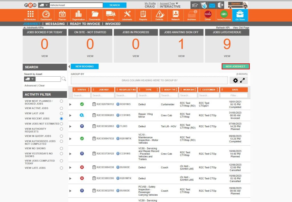 Step 1 - From the Jobsheets page click the NEW JOBSHEET button.