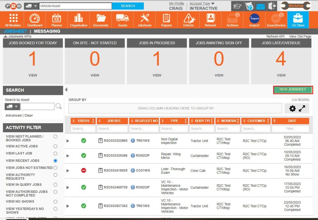 Step 1 - From the Jobsheets page click the NEW JOBSHEET button.