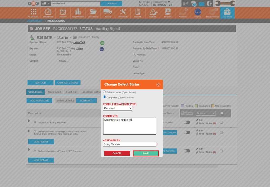 Step 5 - Enter any comments relating to the action taken to repair the defect and click SAVE