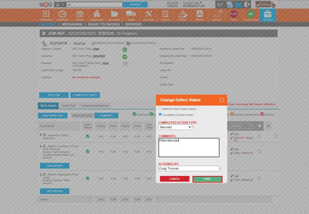 Step 6 - Repeat this for any remaining defects. In this example a closed action of ‘Secured’ has been chosen.