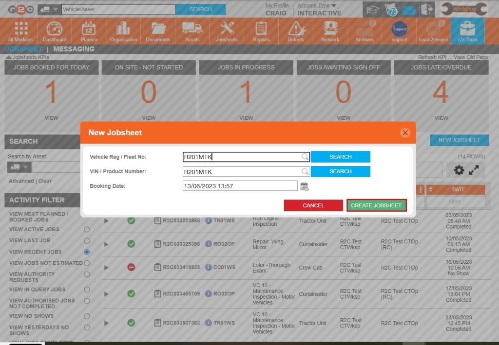 Step 3 - Once the vehicle Reg and Booking Date are correct, click CREATE JOBSHEET