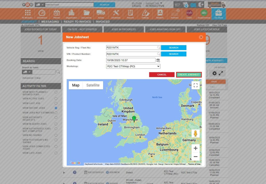 Step 3 - Once the Booking Date is correct and the relevant repairer has been chosen, click CREATE JOBSHEET