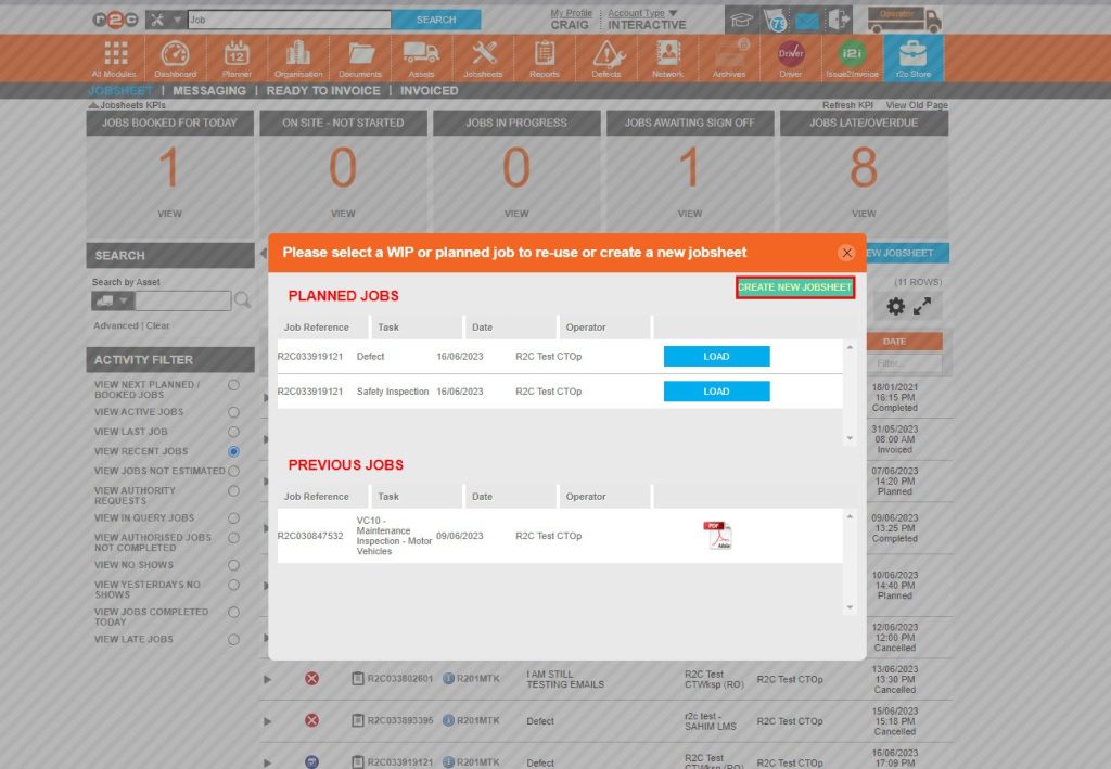 Step 4 - The job selection pop up shows existing jobs should you need to add to them or as in this case choose to start a new job. Click CREATE NEW JOBSHEET.