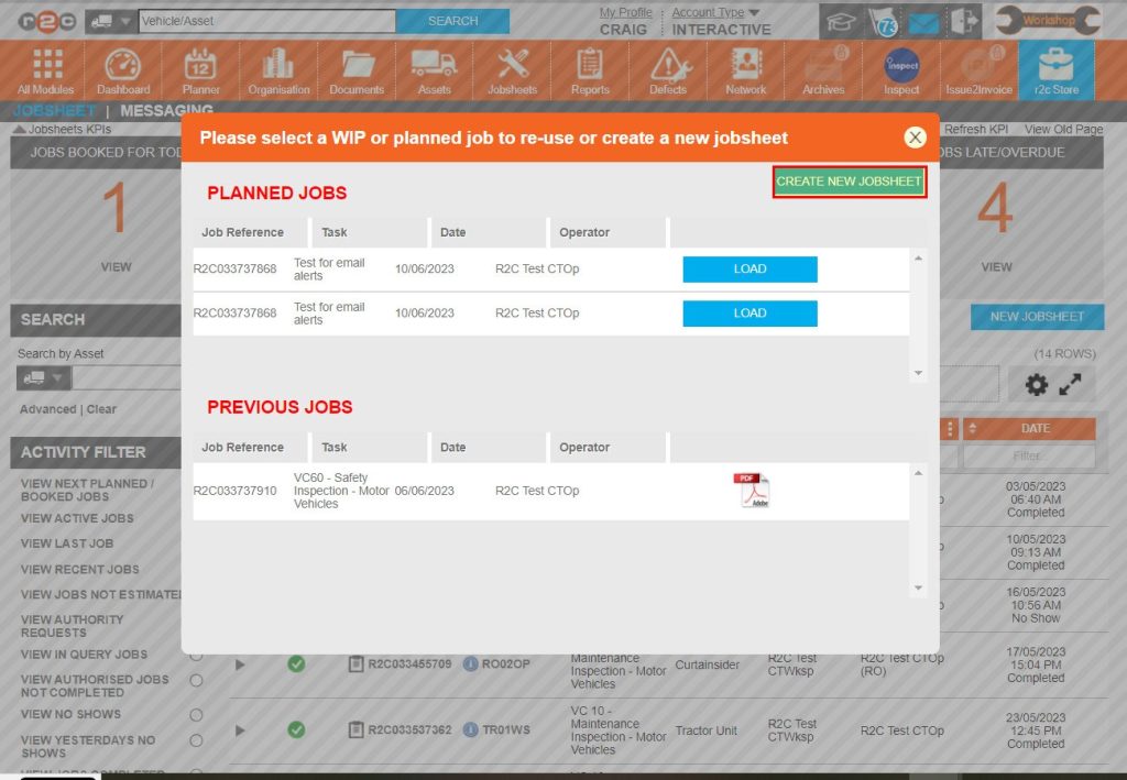 Step 4 - The job selection pop up shows existing jobs should you need to add to them or in this case choose to start a new job. Click CREATE NEW JOBSHEET.