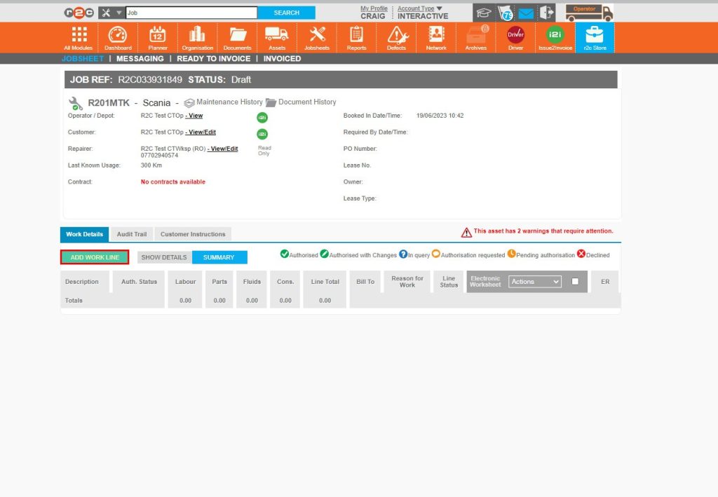 Step 5 - The jobsheet will start in Draft status, click the ADD WORKLINE button to add a task.
