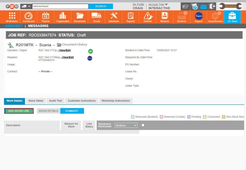 Step 5 - The jobsheet will start in Draft status, click the ADD WORKLINE button to add a task.