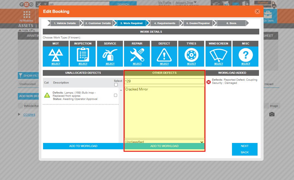 Step 2 – Next go to the relevant E-Booking step in turn and make your amendments such as adding additional work items.