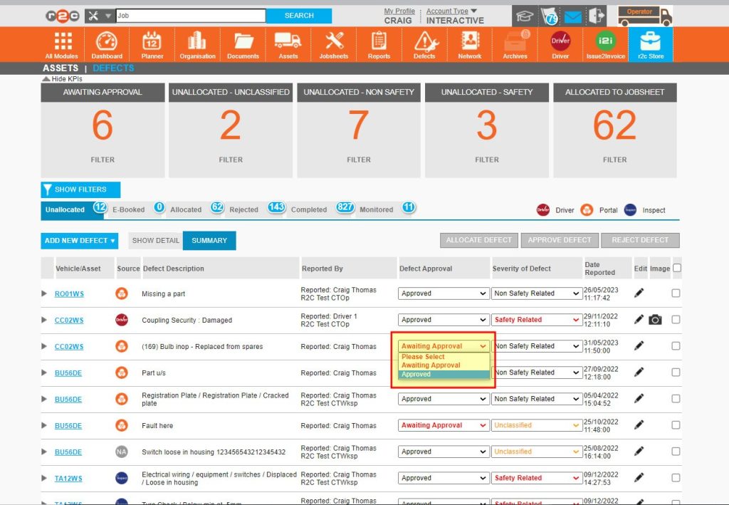 Step 1 – A defect can be marked as approved using the highlighted drop-down box. Defects that have been approved here are then visible to the workshop who is currently working on the asset. This allows the workshop to select any open defects and add them directly to their job.