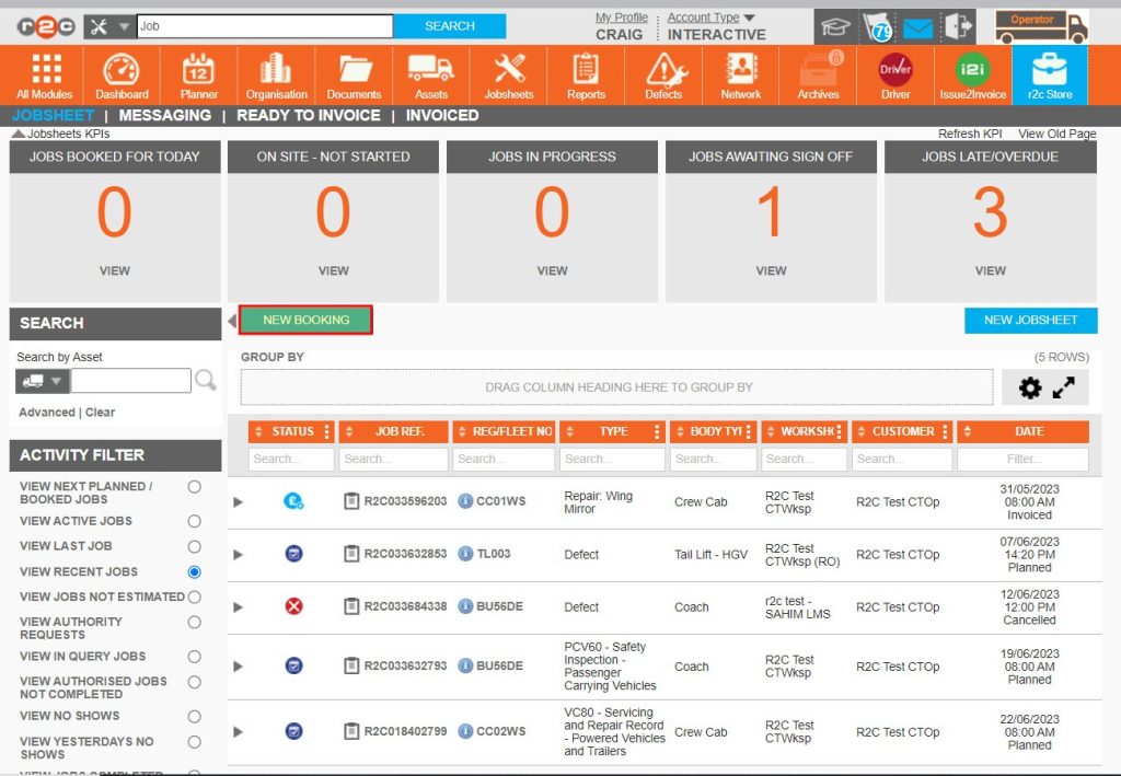 Step 1: Click the New Booking button from the Jobsheets page