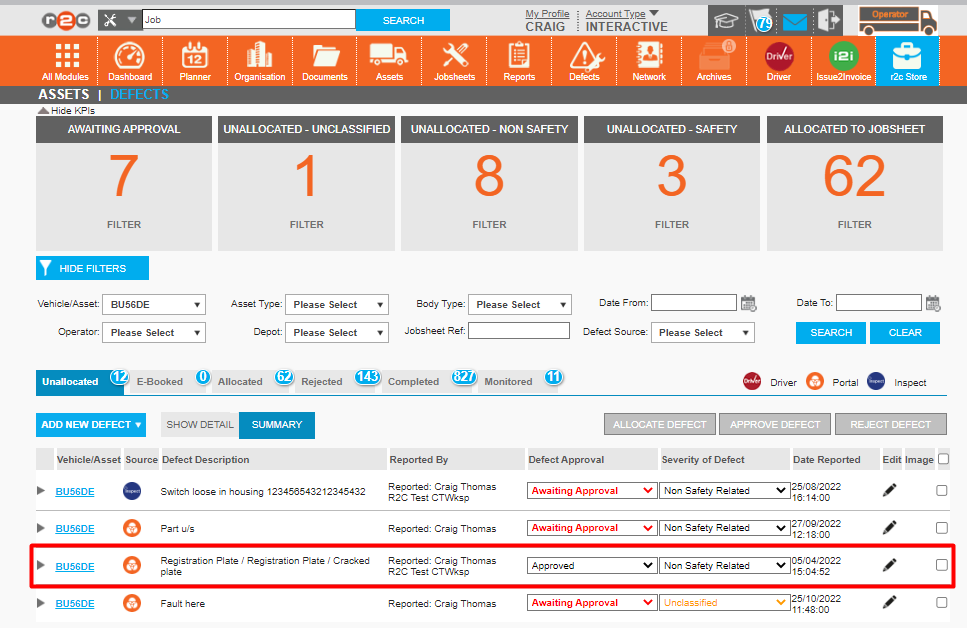 Step 4 - The defect is now back in unallocated available to choose again