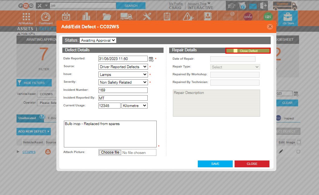 Slide 2 – Tick the close defect check box to enable the repair details fields.