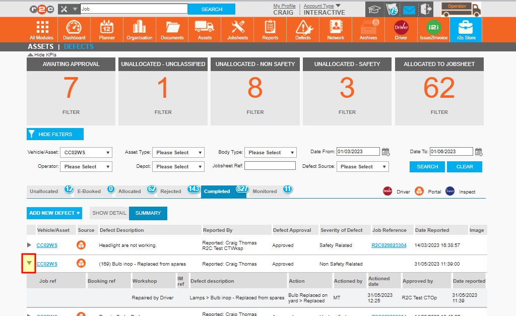 Slide 4 – The defect has now moved to the completed tab. Clicking the arrow will expand the details