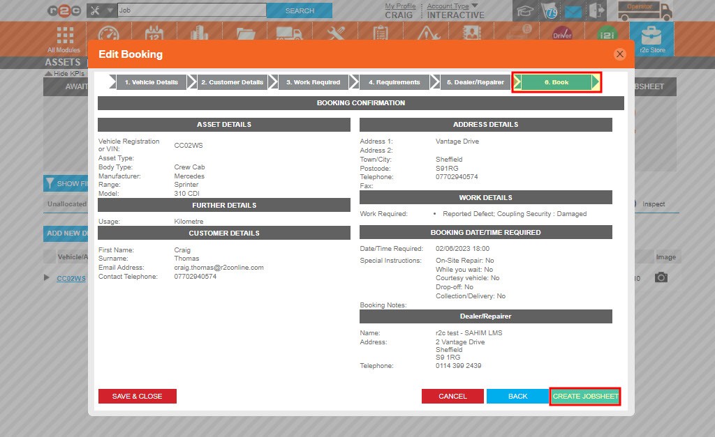 Step 2 -Once the E-Booking wizard re-opens click step 6 to go to the final part of the process. Then click. CREATE JOBSHEET to accept the booking on the workshop’s behalf. This will generate a job sheet ready for the internal workshop to pick up.