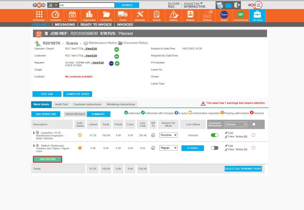 Step 1 - Start by clicking the 'Add repair' button below the defect line and then search for a repair.