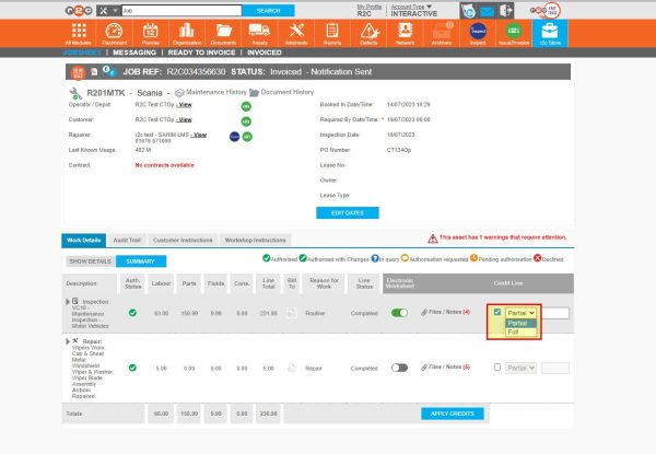 Step 1 –Start by selecting the line you want to credit and then choose the type of credit to be applied, either a partial credit or choose to credit the full cost.
