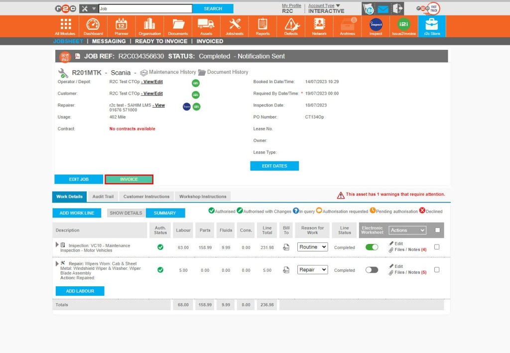 Step 1 - When a job is invoiced it cannot be amended so take care to make sure all items are up to date before proceeding. Once you are ready to proceed click the blue Invoice button.