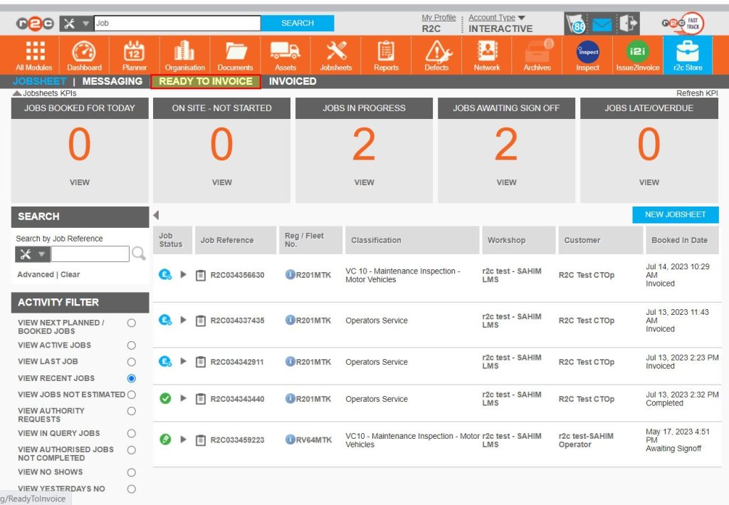Step 1 - To invoice jobs in bulk rather than individually click the ‘ready to invoice’ heading. This is available on the jobsheet page and on the i2i module page from the header bar.