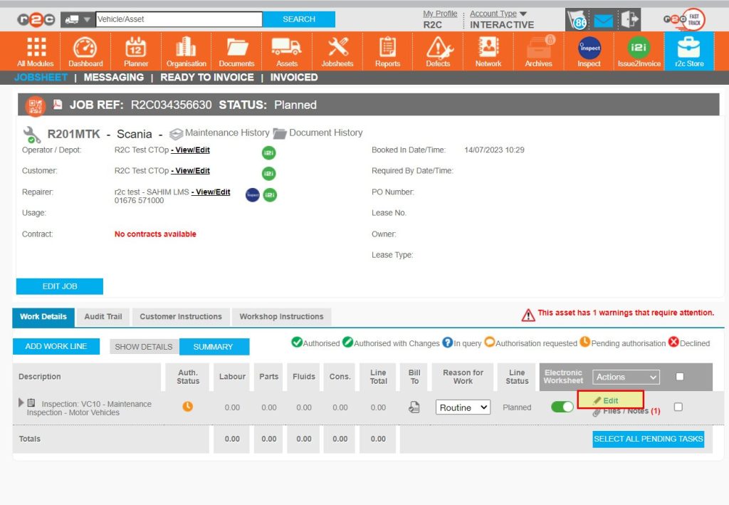 Step 1 - Start by opening an individual jobsheet and then clicking ‘edit’ to open up the work line.